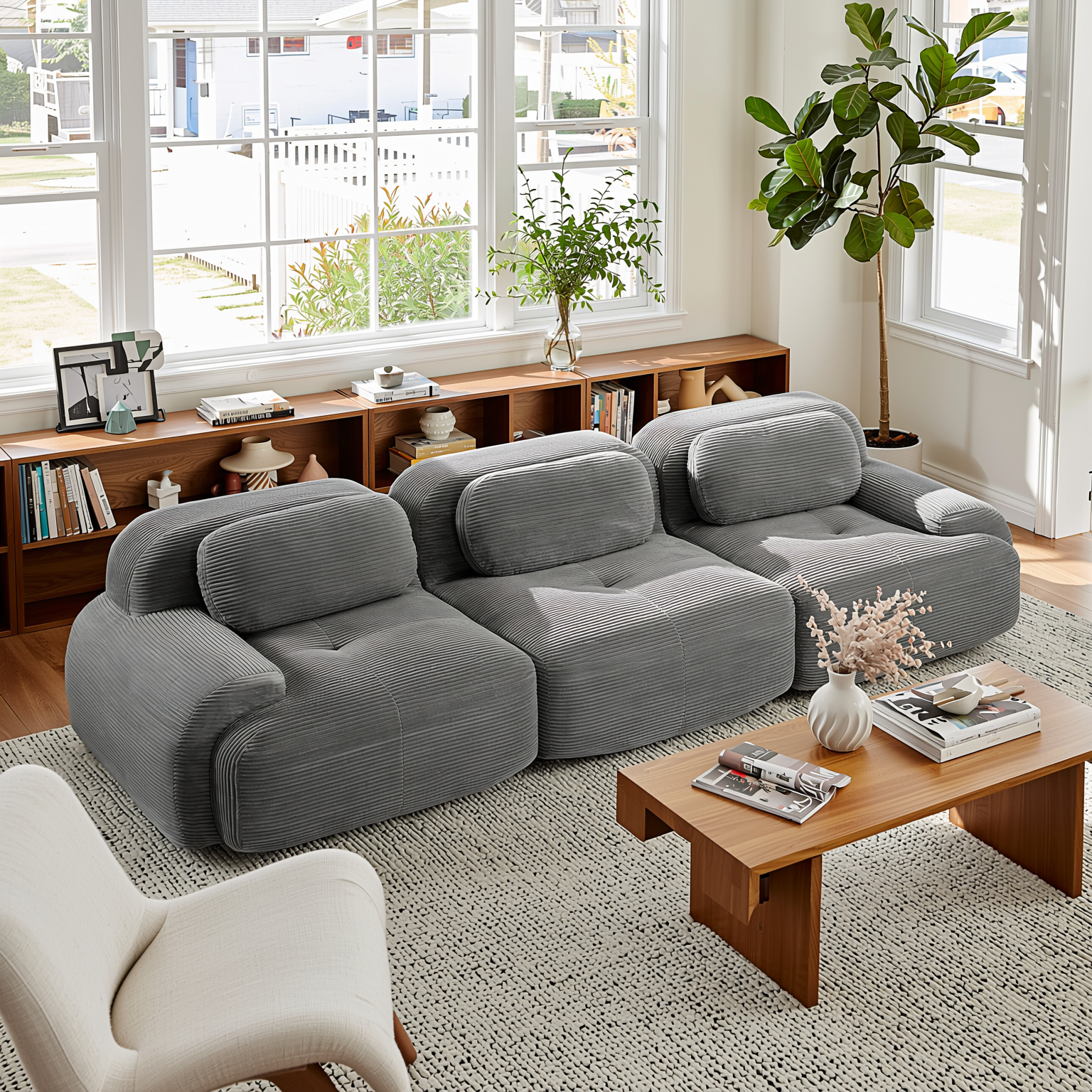 Anchorage 116" Modular Corduroy 3-Seater Sofa with Curved Armrest
