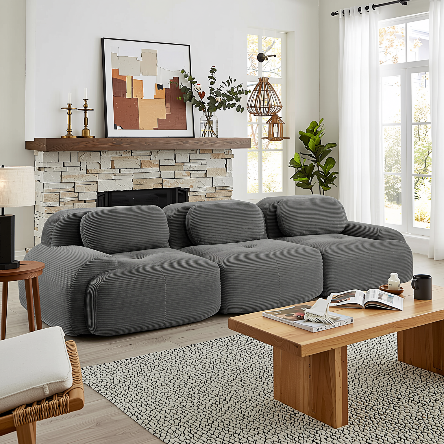 Anchorage 116" Modular Corduroy 3-Seater Sofa with Curved Armrest