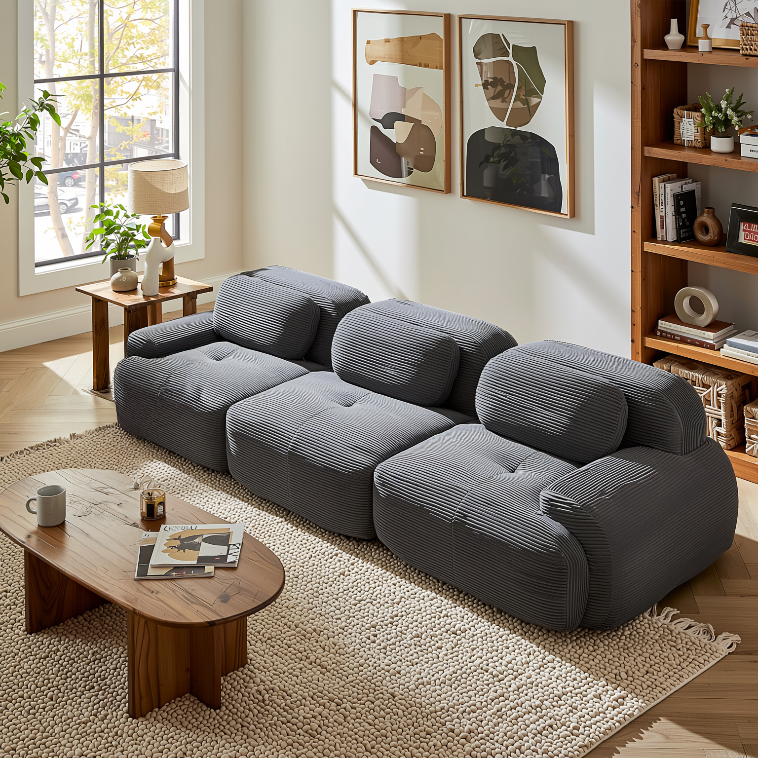 Anchorage 116" Modular Corduroy 3-Seater Sofa with Curved Armrest