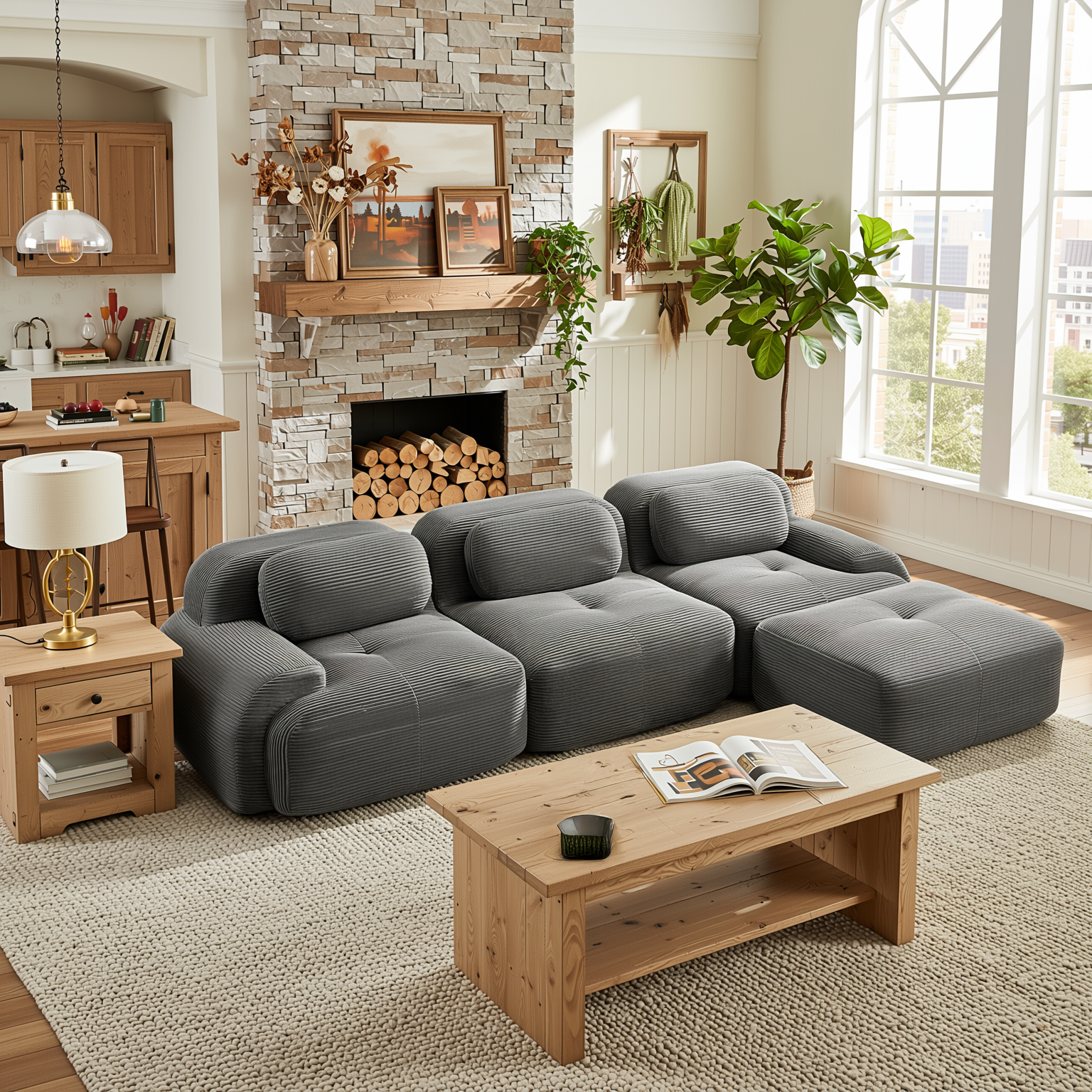 Anchorage 116" Modular Corduroy Cloud L-Shaped Sectional Sofa with Ottoman