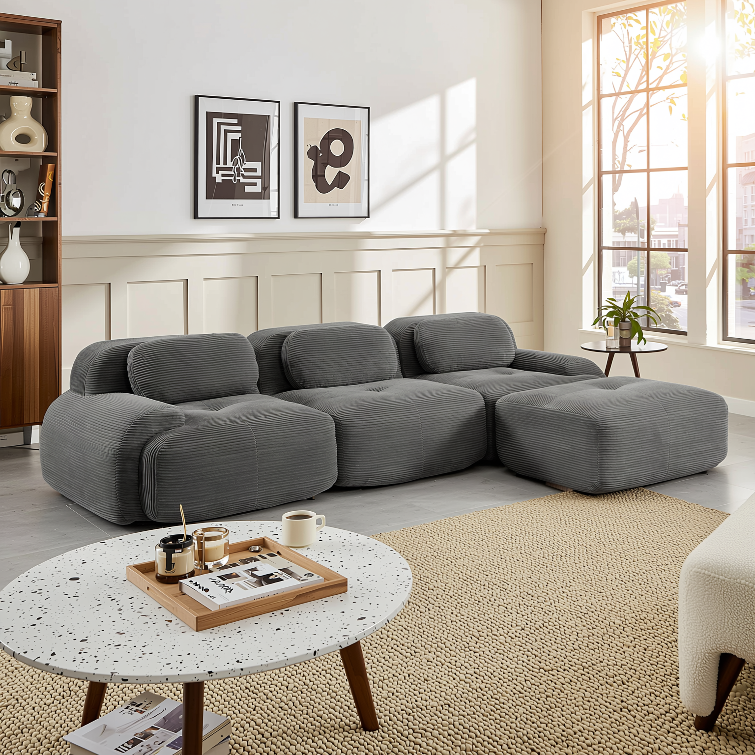 Anchorage 116" Modular Corduroy Cloud L-Shaped Sectional Sofa with Ottoman