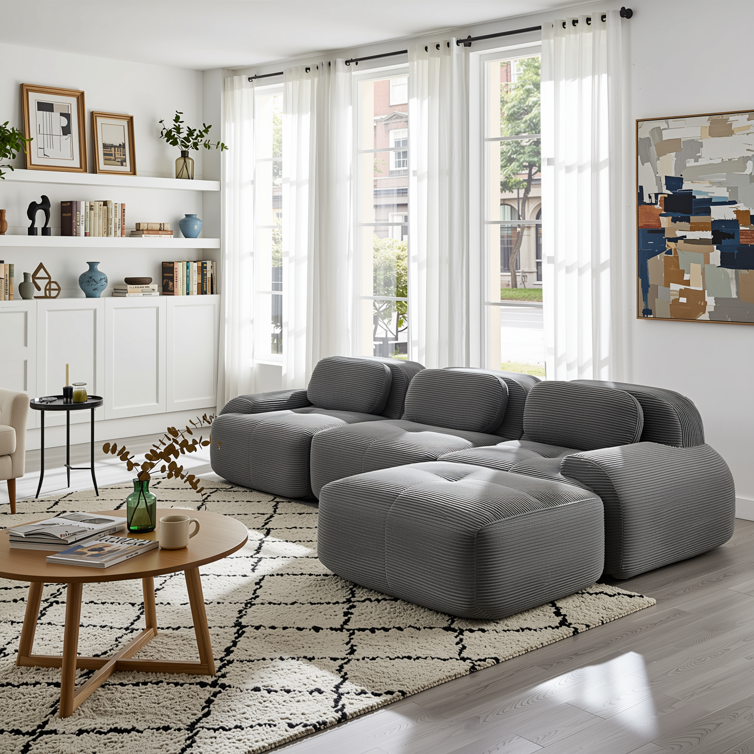 Anchorage 116" Modular Corduroy Cloud L-Shaped Sectional Sofa with Ottoman