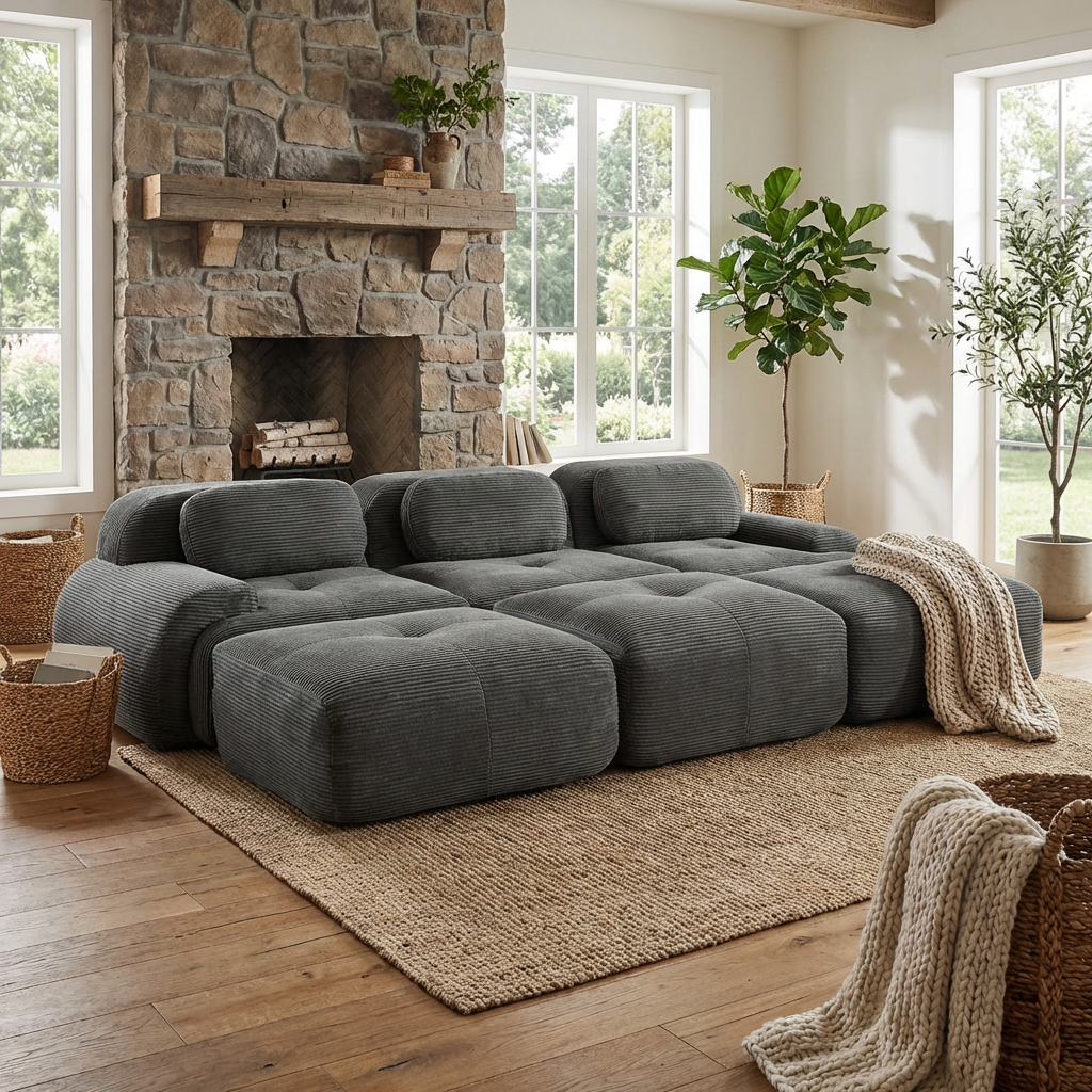 Anchorage 116" Corduroy Cloud Modular Sofa with Ottomans and Curved Armset