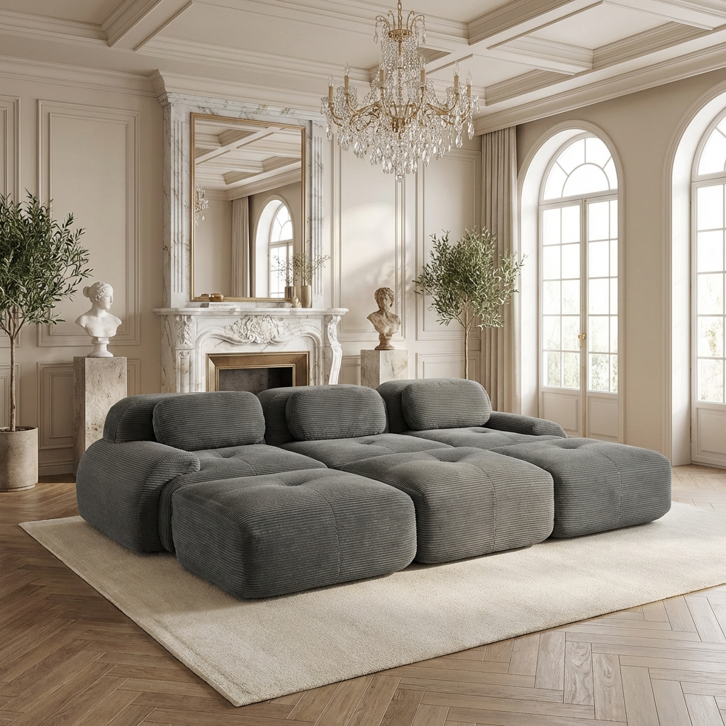 Anchorage 116" Corduroy Cloud Modular Sofa with Ottomans and Curved Armset