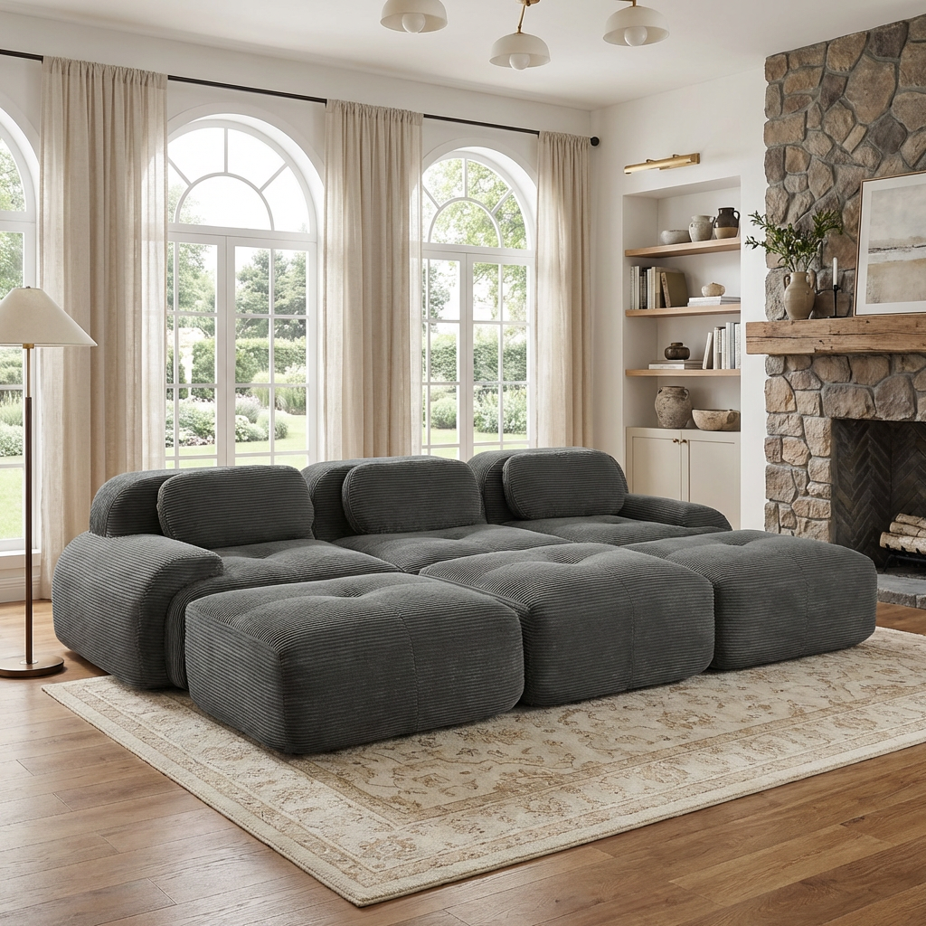 Anchorage 116" Corduroy Cloud Modular Sofa with Ottomans and Curved Armset