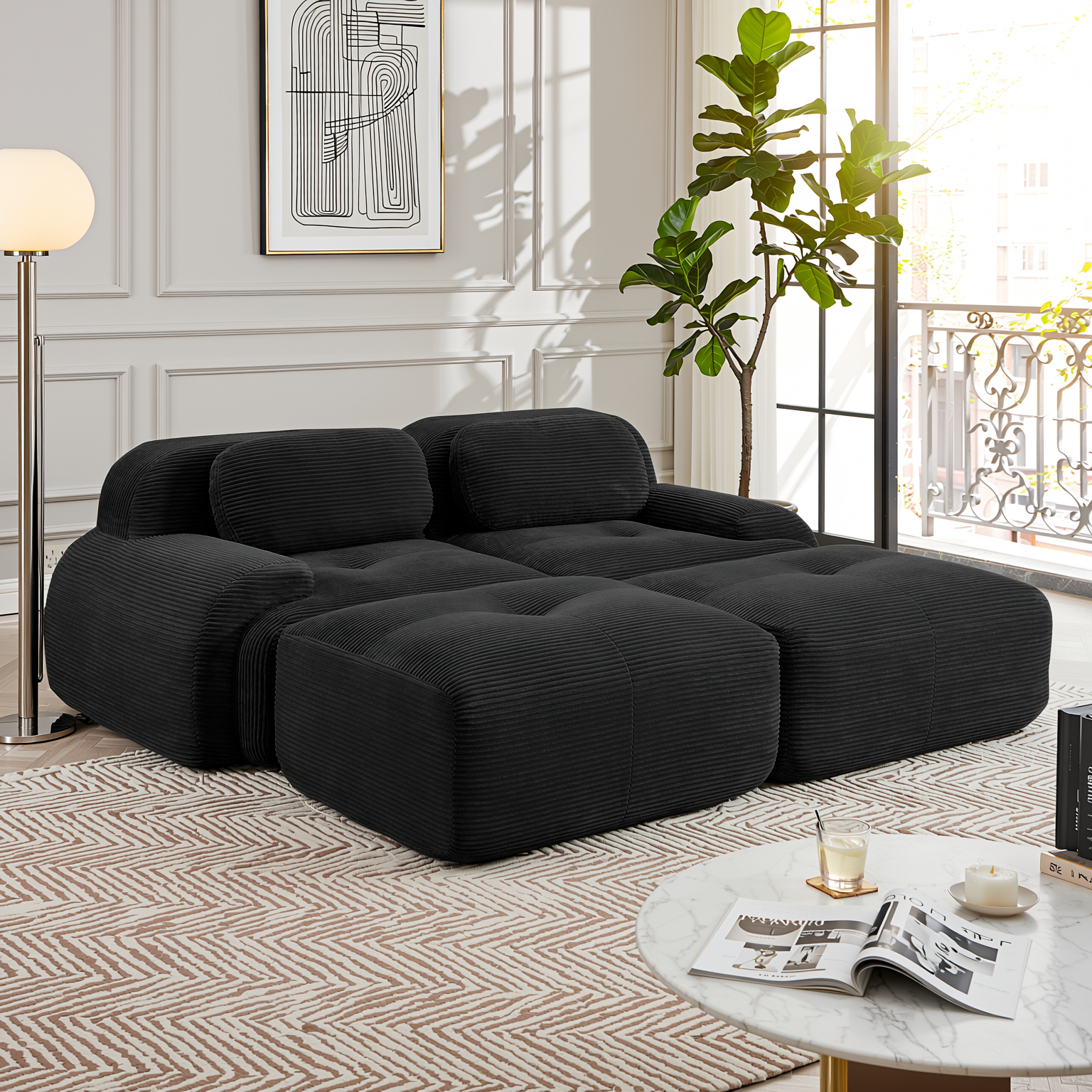 Anchorage 80" Modular Corduroy Cloud Loveseat with 2 Ottomans