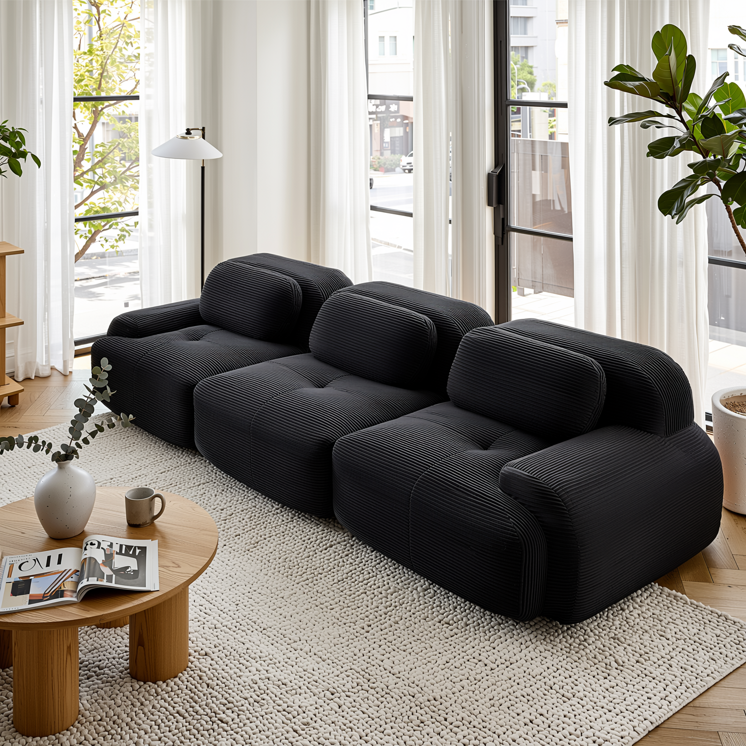 Anchorage 116" Modular Corduroy 3-Seater Sofa with Curved Armrest