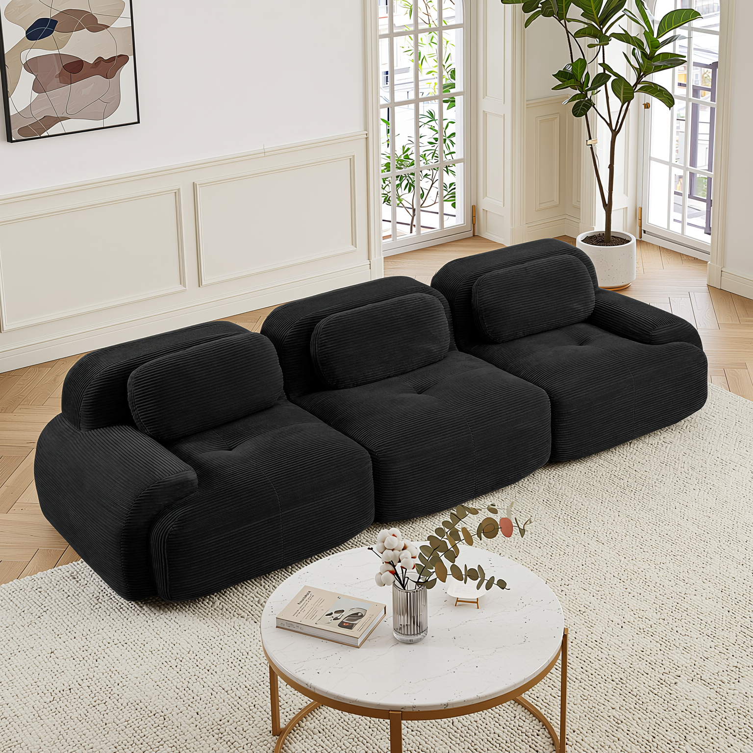 Anchorage 116" Modular Corduroy 3-Seater Sofa with Curved Armrest