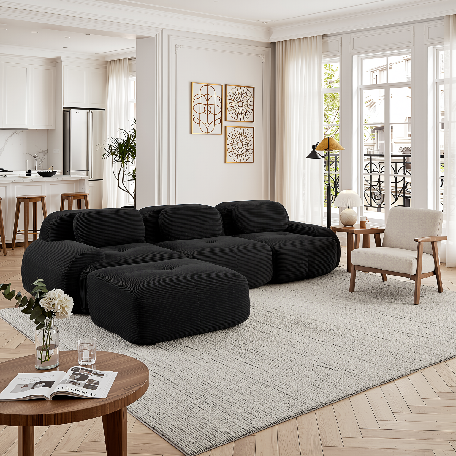 Anchorage 116" Modular Corduroy Cloud L-Shaped Sectional Sofa with Ottoman