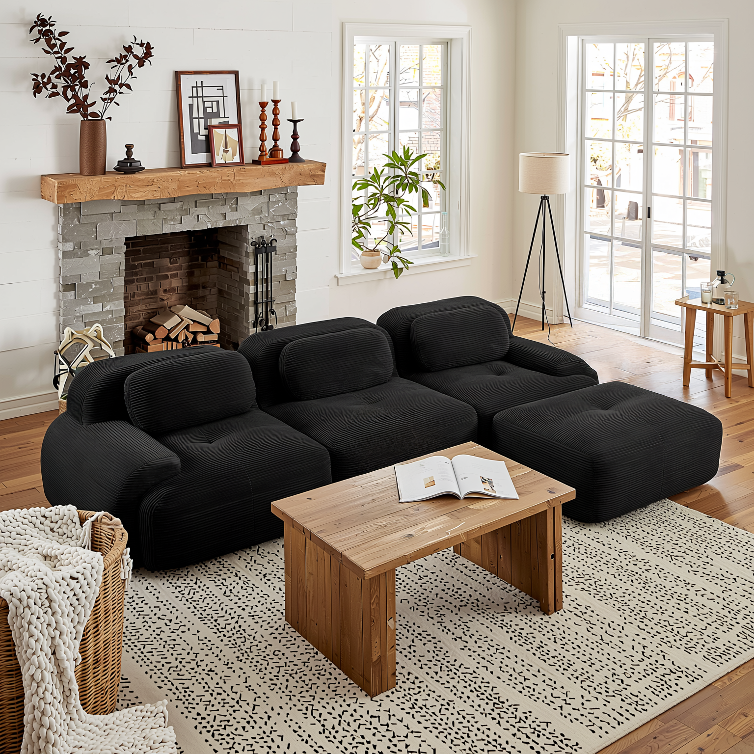 Anchorage 116" Modular Corduroy Cloud L-Shaped Sectional Sofa with Ottoman