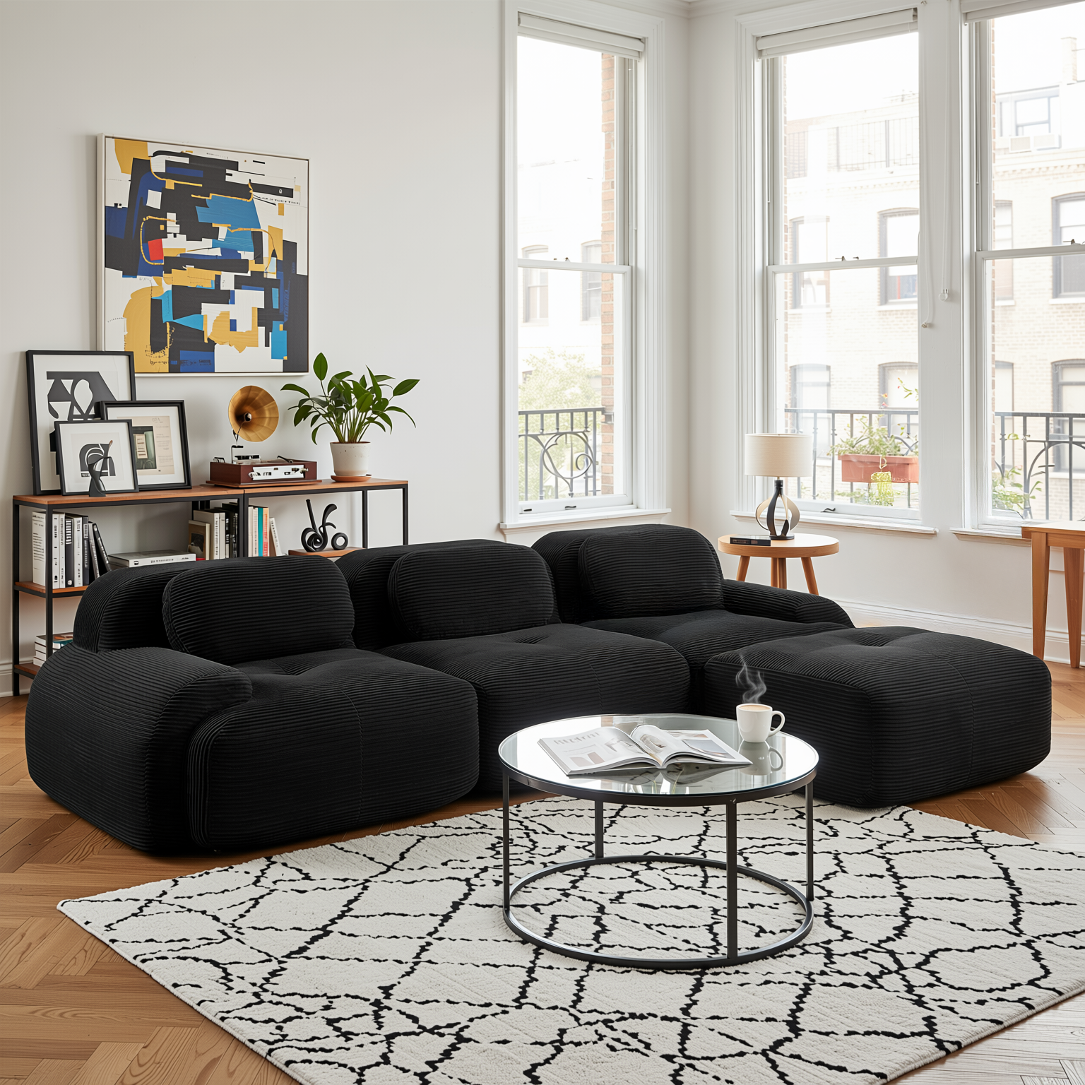 Anchorage 116" Modular Corduroy Cloud L-Shaped Sectional Sofa with Ottoman