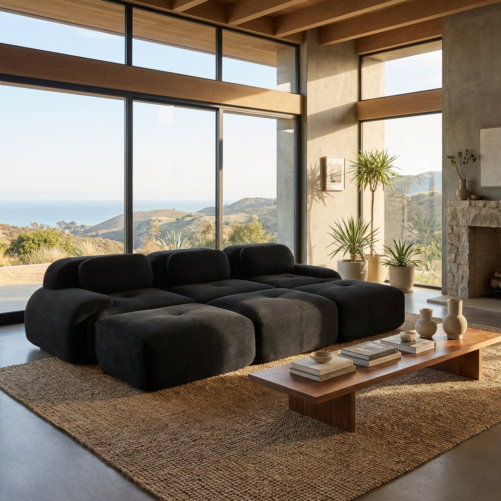 Anchorage 116" Corduroy Cloud Modular Sofa with Ottomans and Curved Armset