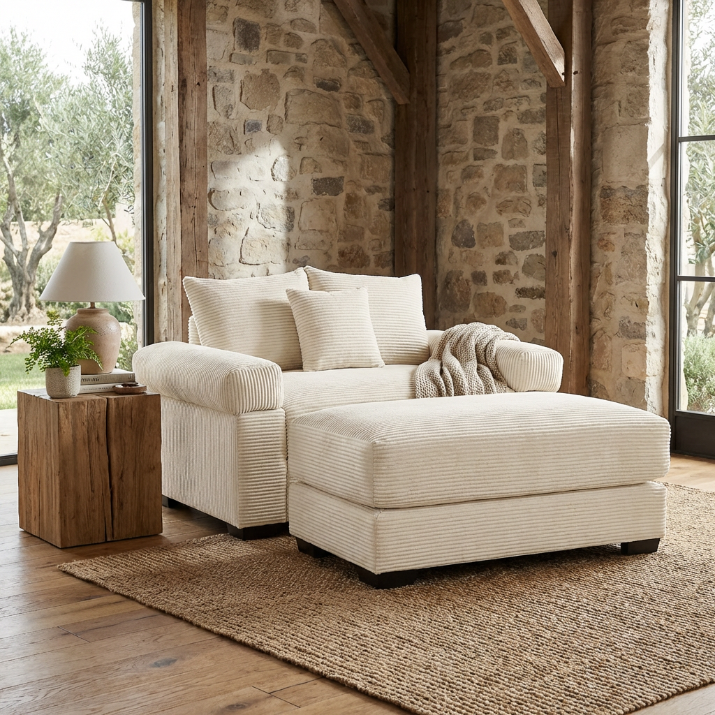 Albany 54" 2 Piece Corduroy Armchair Accent Chair with Ottoman and Extra-Thick Armrests