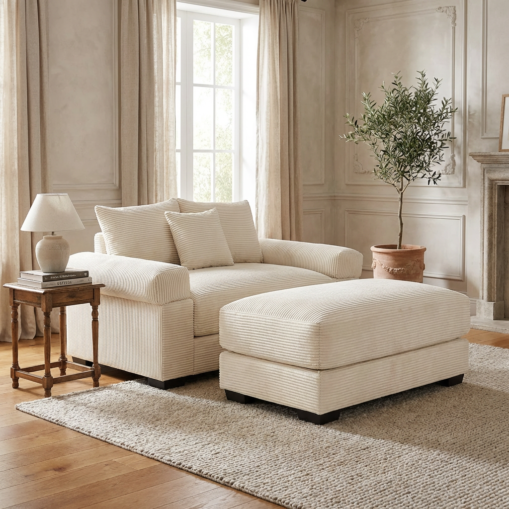 Albany 54" 2 Piece Corduroy Armchair Accent Chair with Ottoman and Extra-Thick Armrests