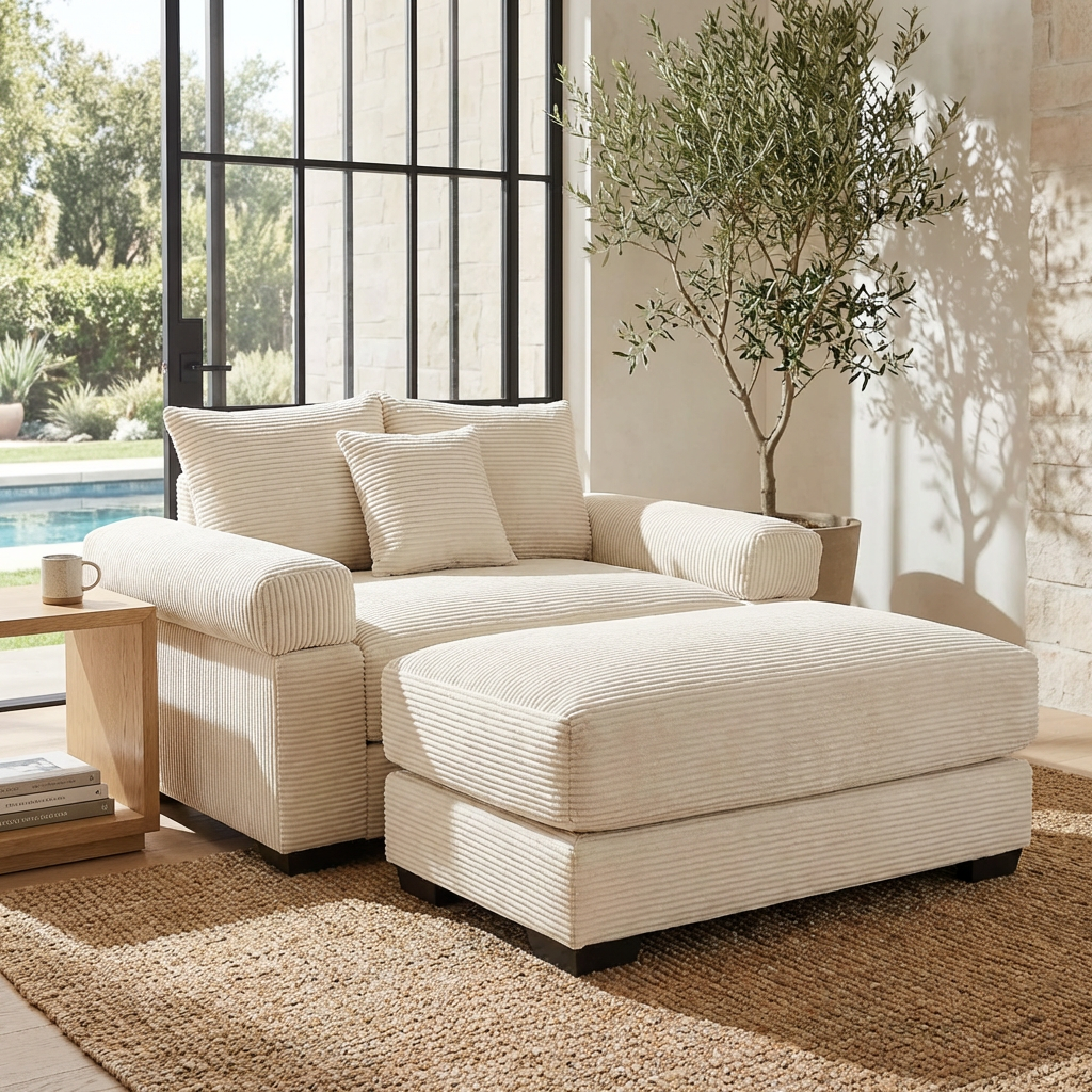 Albany 54" 2 Piece Corduroy Armchair Accent Chair with Ottoman and Extra-Thick Armrests