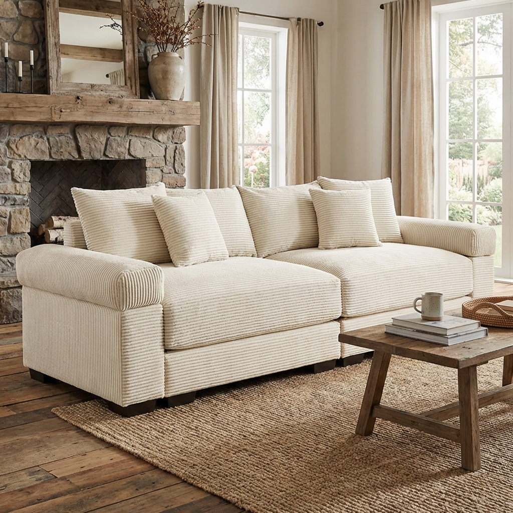 Albany 92" Modular Corduroy Cloud 3-Seater Sofa with Extra-Wide Armrests
