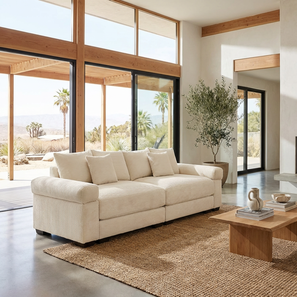 Albany 92" Modular Corduroy Cloud 3-Seater Sofa with Extra-Wide Armrests