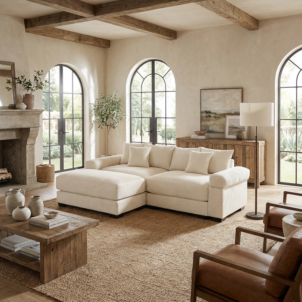 Albany 92" Modular Corduroy Cloud L-Shaped Sectional Sofa with Ottoman