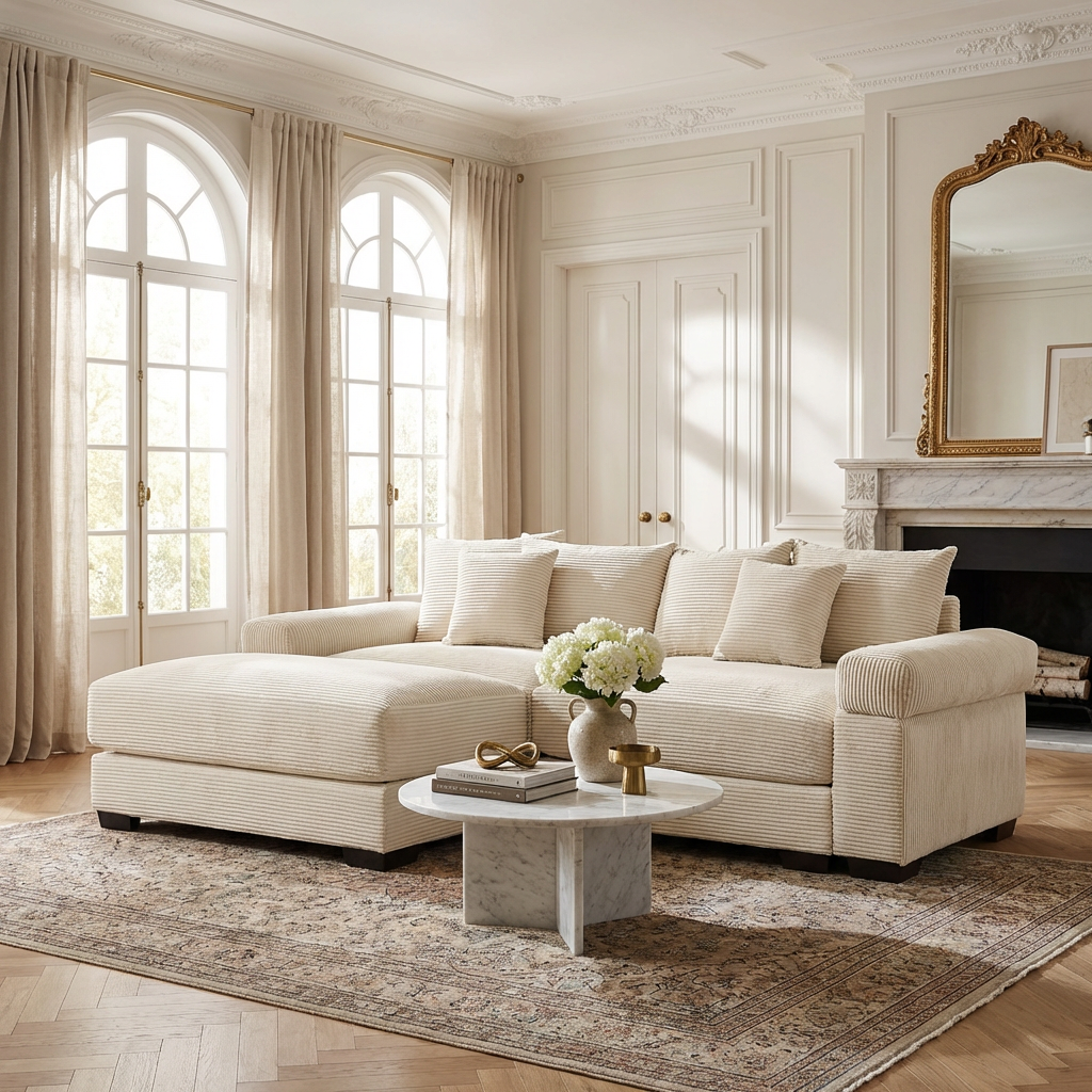 Albany 92" Modular Corduroy Cloud L-Shaped Sectional Sofa with Ottoman