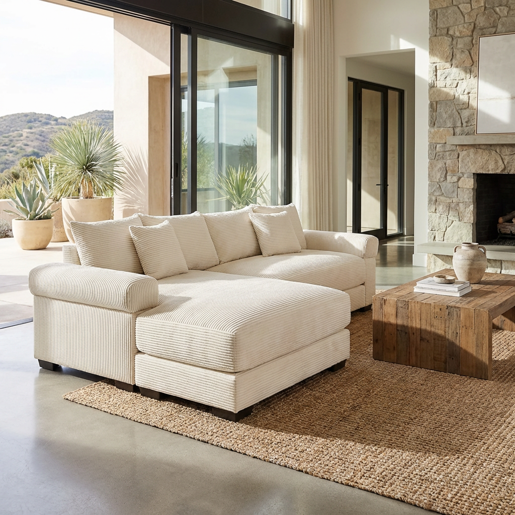 Albany 92" Modular Corduroy Cloud L-Shaped Sectional Sofa with Ottoman