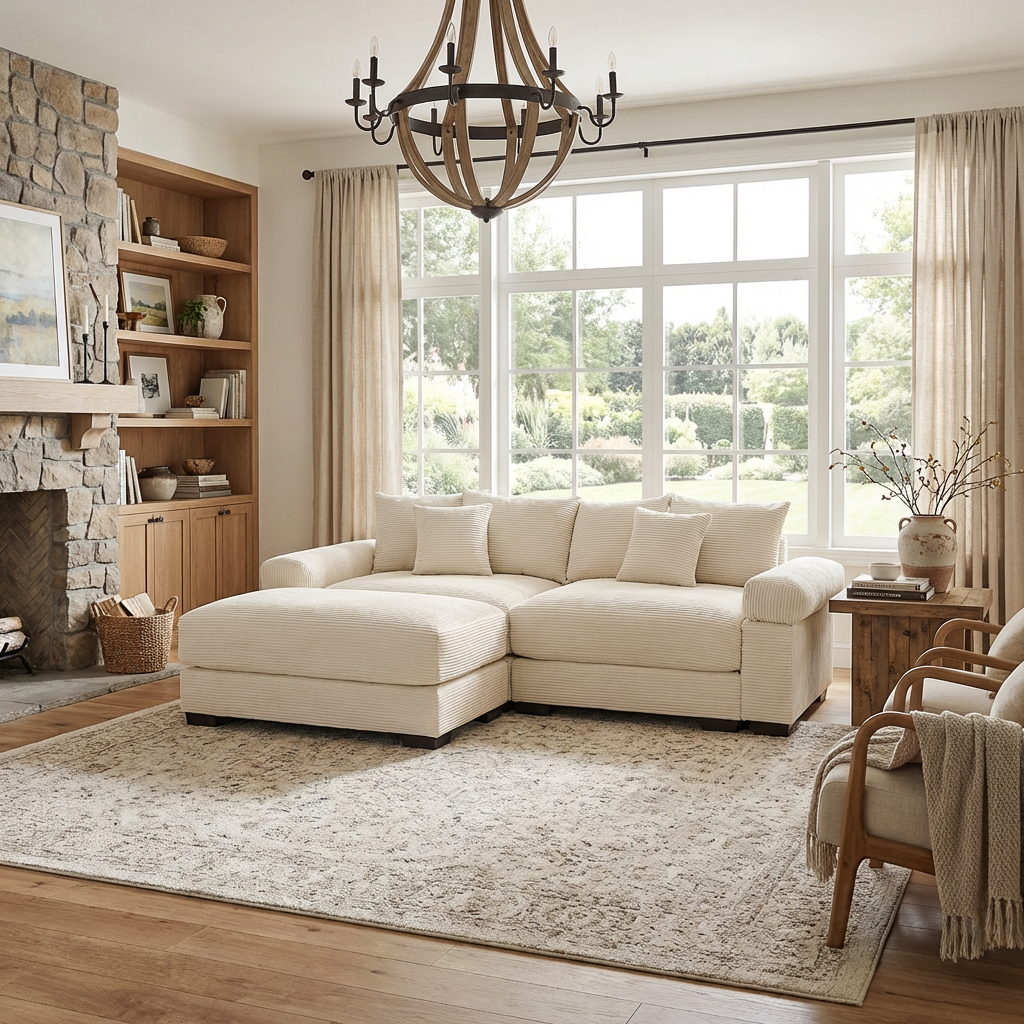 Albany 92" Modular Corduroy Cloud L-Shaped Sectional Sofa with Ottoman