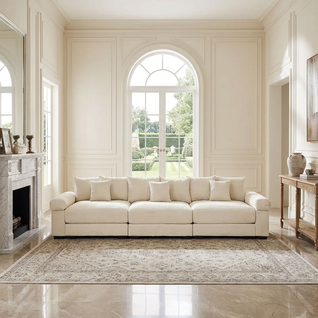 Albany 130" Modular Corduroy Cloud 4-Seater Sofa with Extra-Thick Armrests