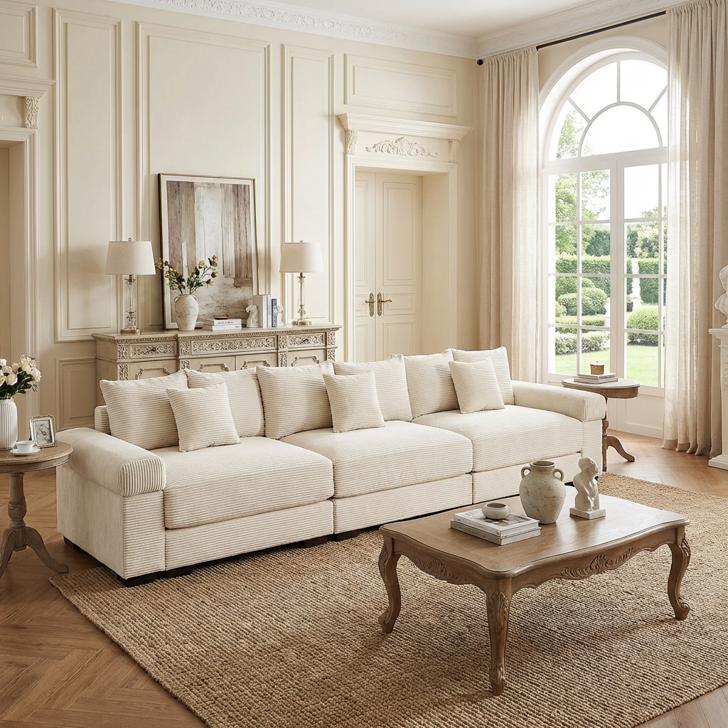 Albany 130" Modular Corduroy Cloud 4-Seater Sofa with Extra-Thick Armrests