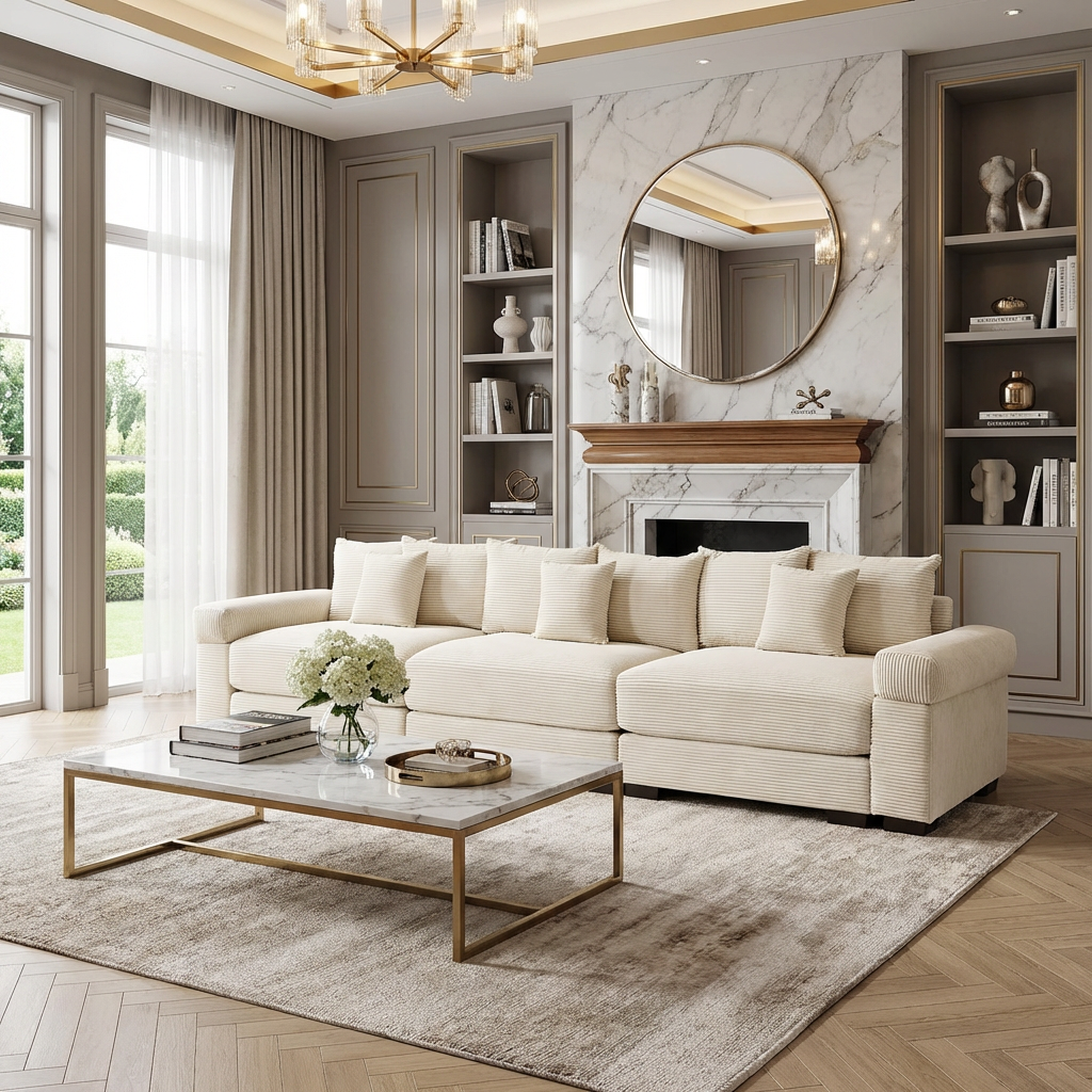 Albany 130" Modular Corduroy Cloud 4-Seater Sofa with Extra-Thick Armrests