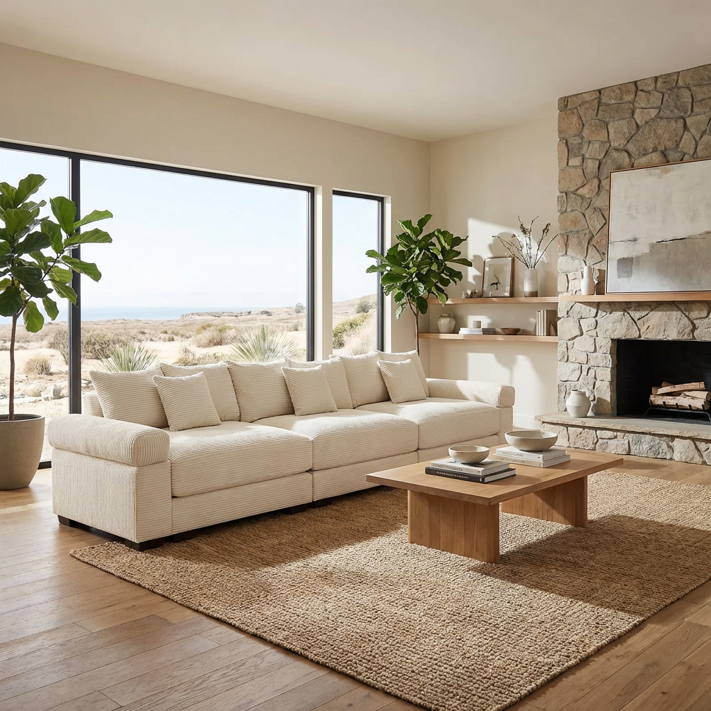 Albany 130" Modular Corduroy Cloud 4-Seater Sofa with Extra-Thick Armrests