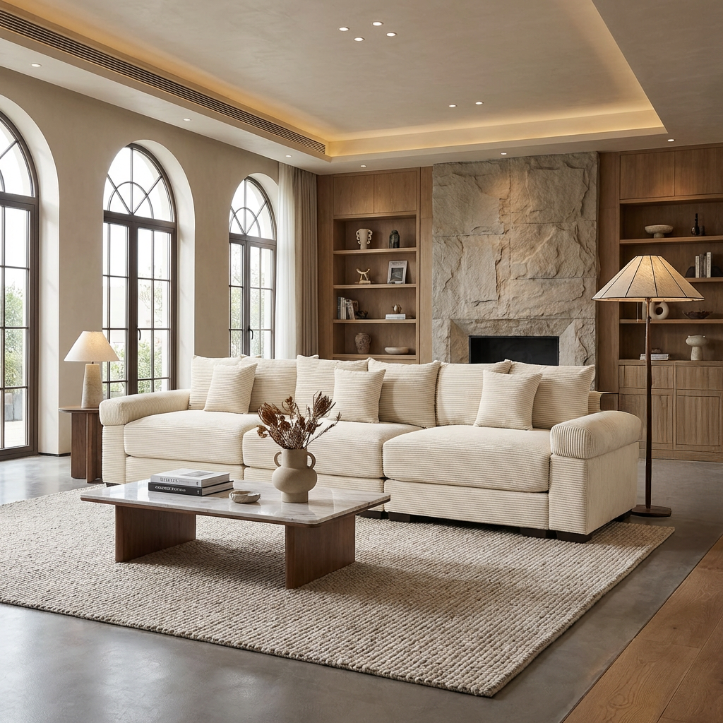 Albany 130" Modular Corduroy Cloud 4-Seater Sofa with Extra-Thick Armrests