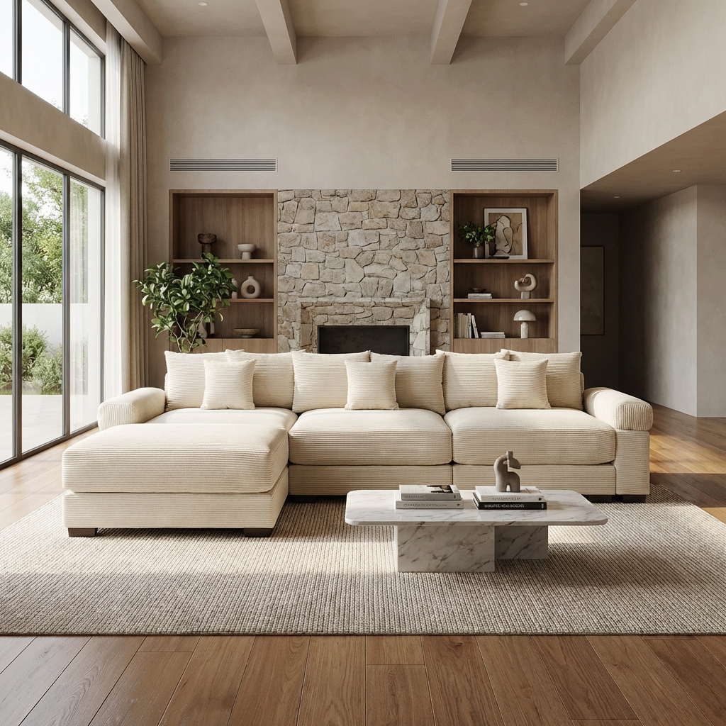 Albany 130" Modular Corduroy Oversized Cloud L-Shaped Sectional Sofa with Ottoman