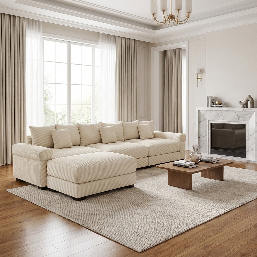 Albany 130" Modular Corduroy Oversized Cloud L-Shaped Sectional Sofa with Ottoman