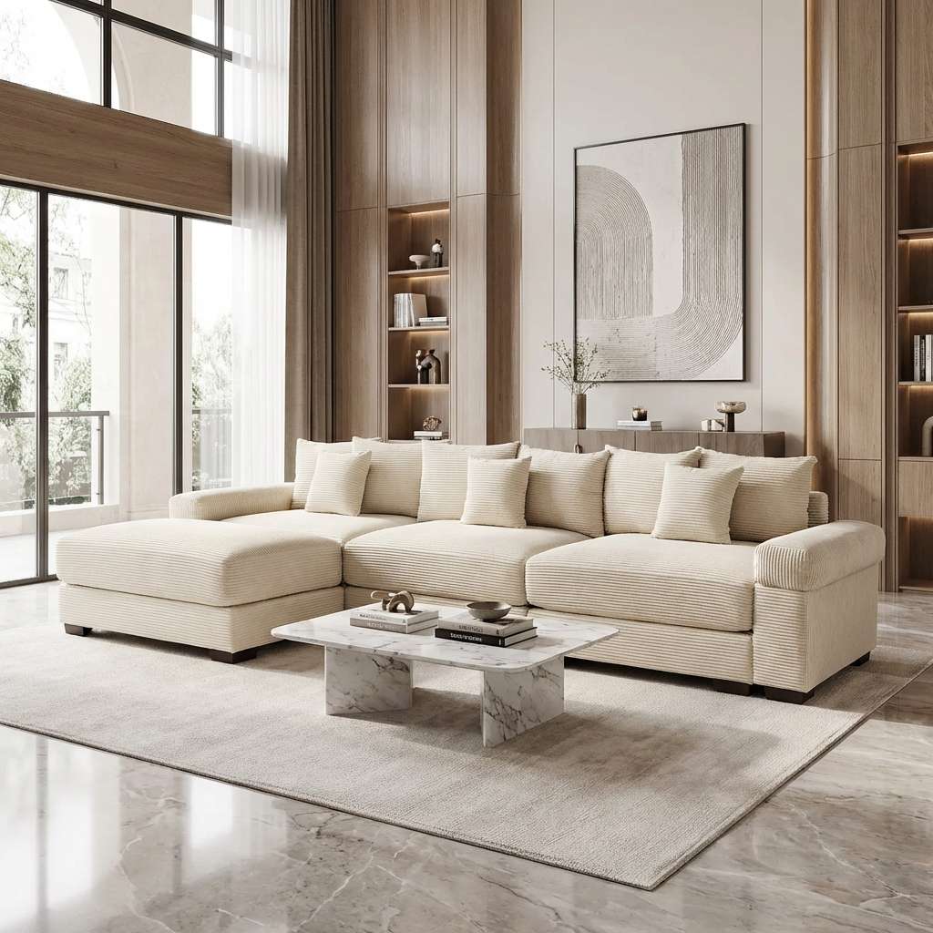 Albany 130" Modular Corduroy Oversized Cloud L-Shaped Sectional Sofa with Ottoman