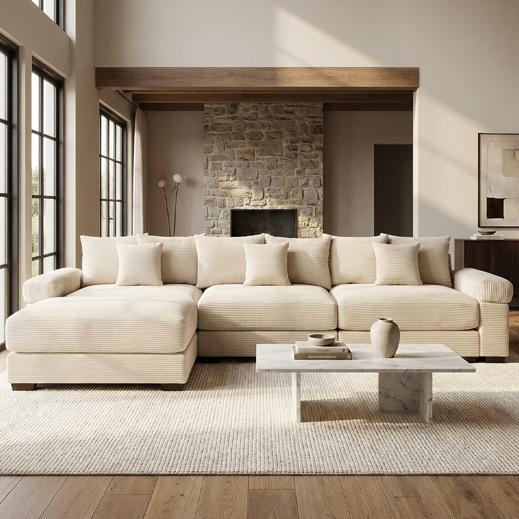 Albany 130" Modular Corduroy Oversized Cloud L-Shaped Sectional Sofa with Ottoman