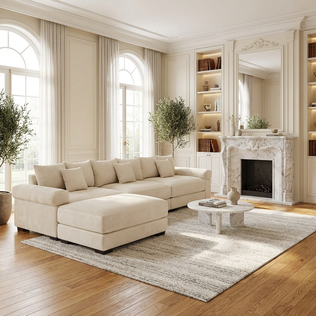 Albany 130" Modular Corduroy Oversized Cloud L-Shaped Sectional Sofa with Ottoman