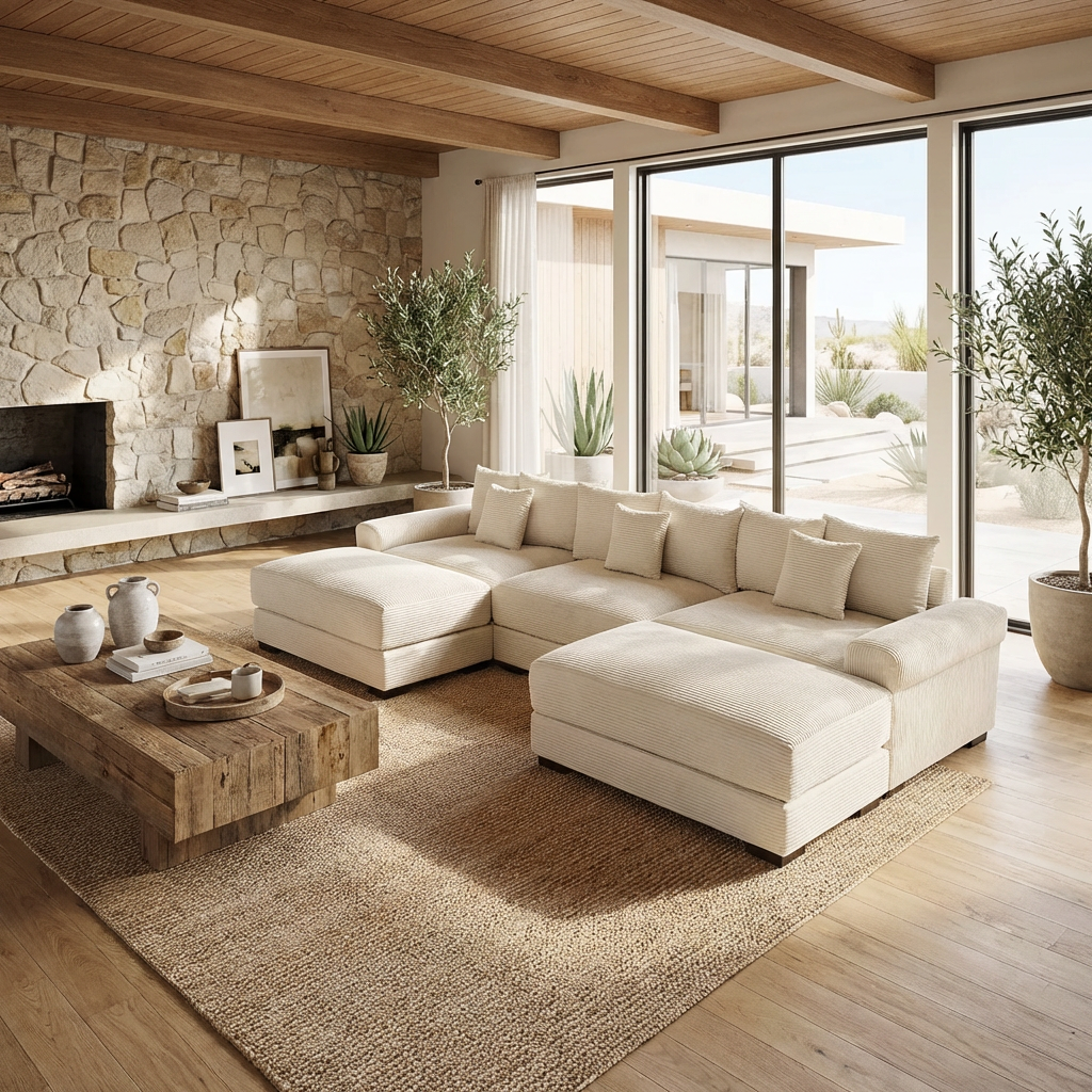 Albany 130" Modular Corduroy Cloud U-Shaped Sectional Sofa with Ottomans