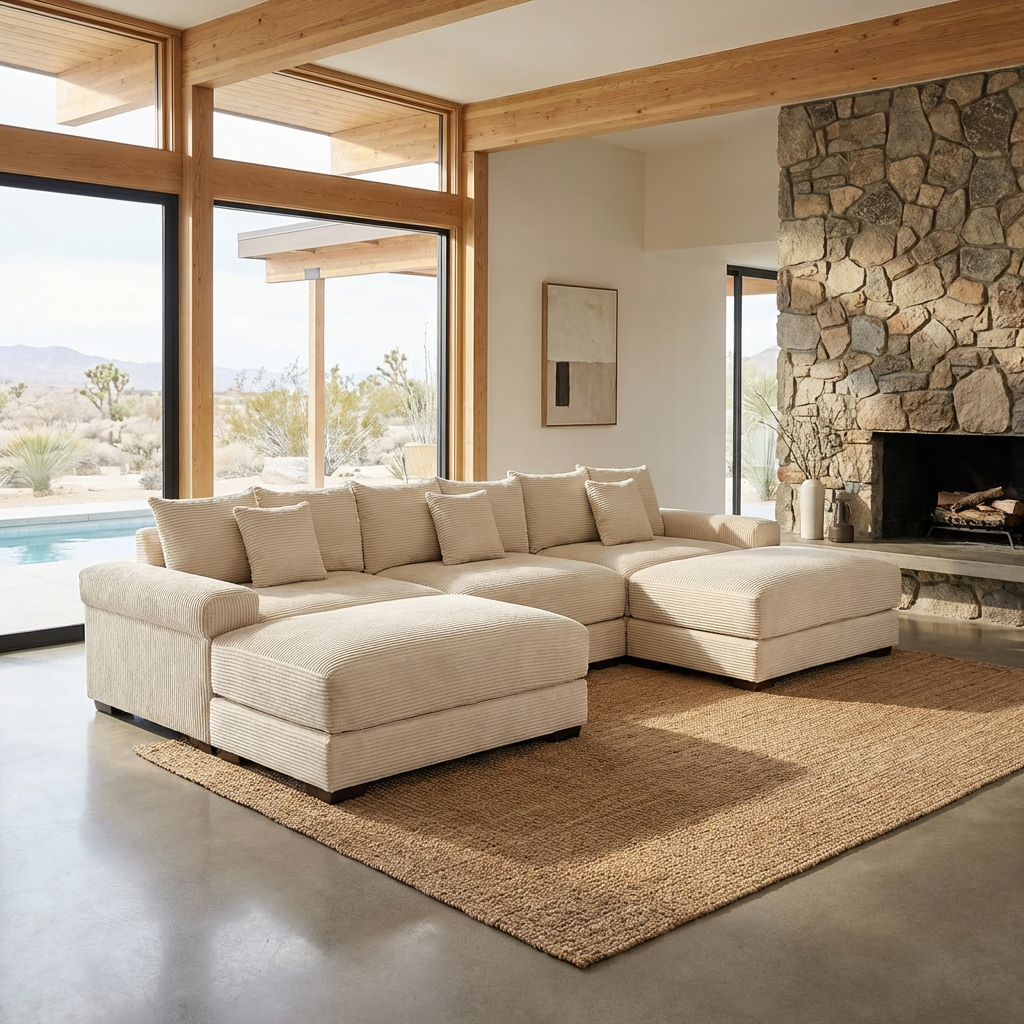 Albany 130" Modular Corduroy Cloud U-Shaped Sectional Sofa with Ottomans