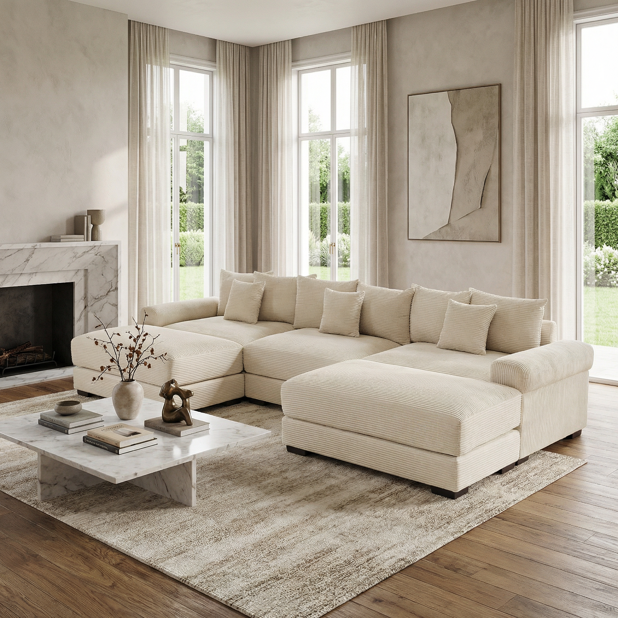 Albany 130" Modular Corduroy Cloud U-Shaped Sectional Sofa with Ottomans