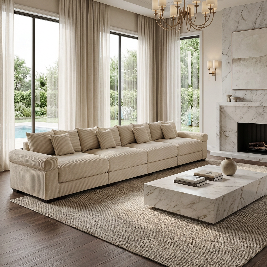 Albany 168" Modular Corduroy Oversized Cloud 5-Seater Sofa with Extra-Thick Armrests