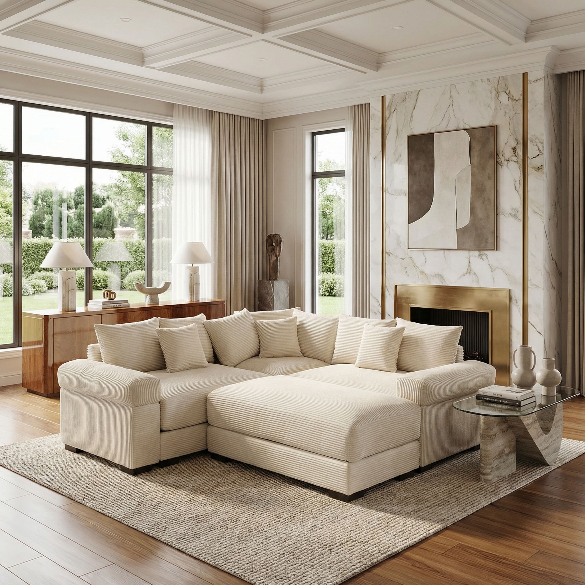 Albany 79" 4 Pieces Corduroy Modular Corner Sectional Sofa with Ottoman