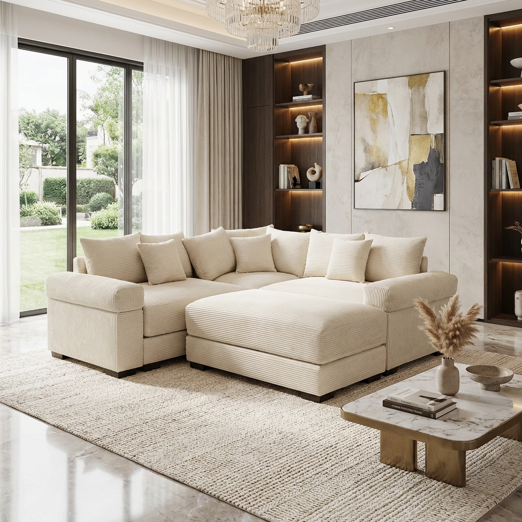 Albany 79" 4 Pieces Corduroy Modular Corner Sectional Sofa with Ottoman