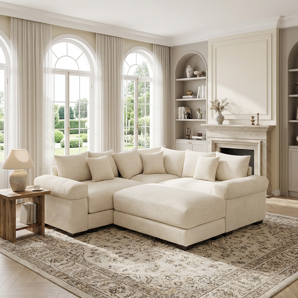 Albany 79" 4 Pieces Corduroy Modular Corner Sectional Sofa with Ottoman