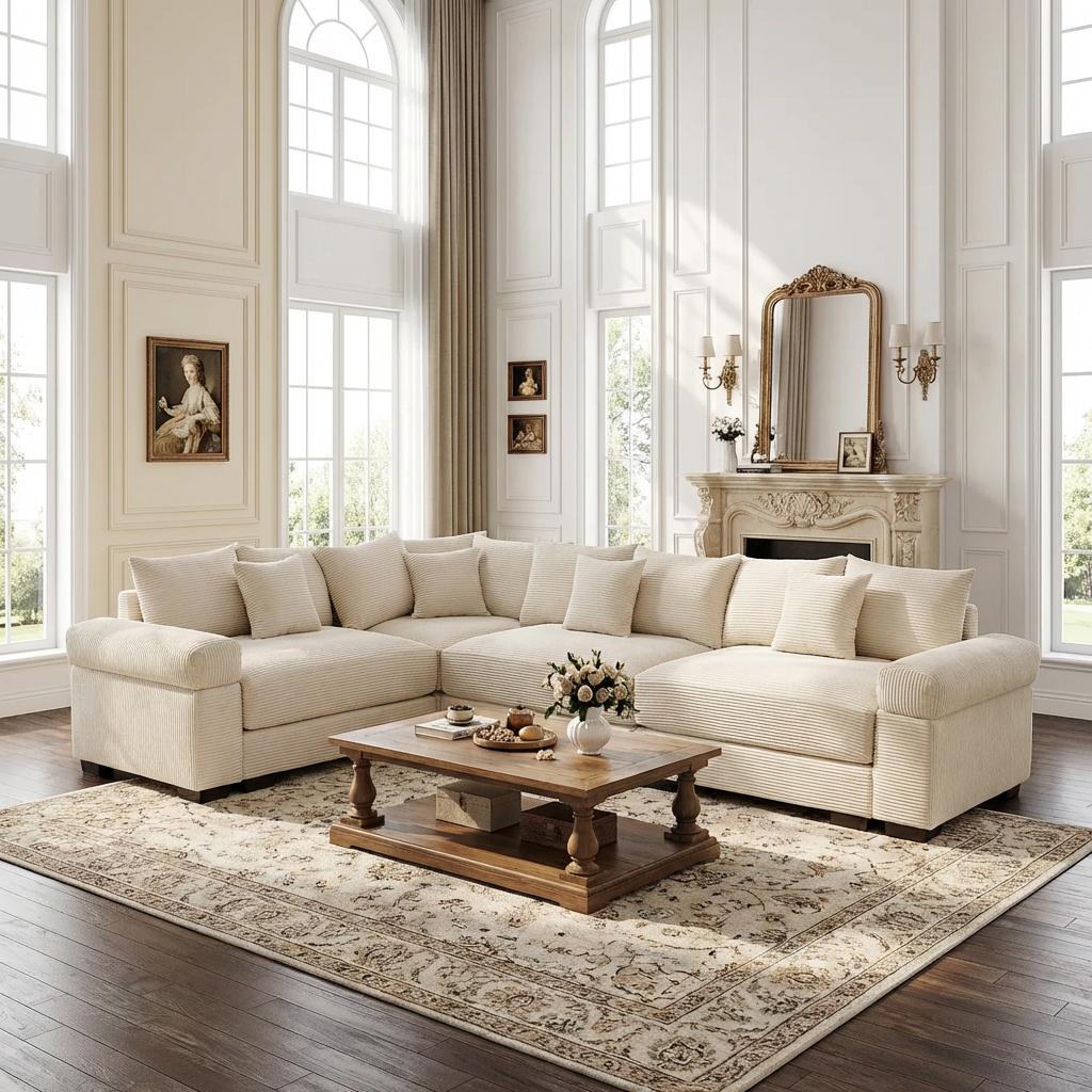 Albany 130" Corduroy Modular L-Shaped Sectional Sofa with Throw Pillows