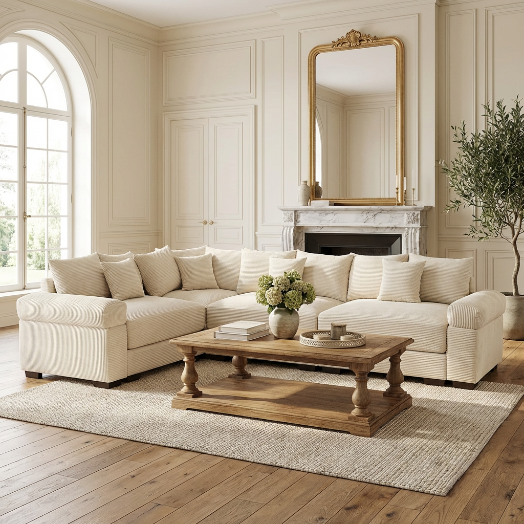 Albany 130" Corduroy Modular L-Shaped Sectional Sofa with Throw Pillows