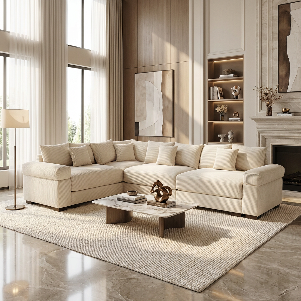 Albany 130" Corduroy Modular L-Shaped Sectional Sofa with Throw Pillows