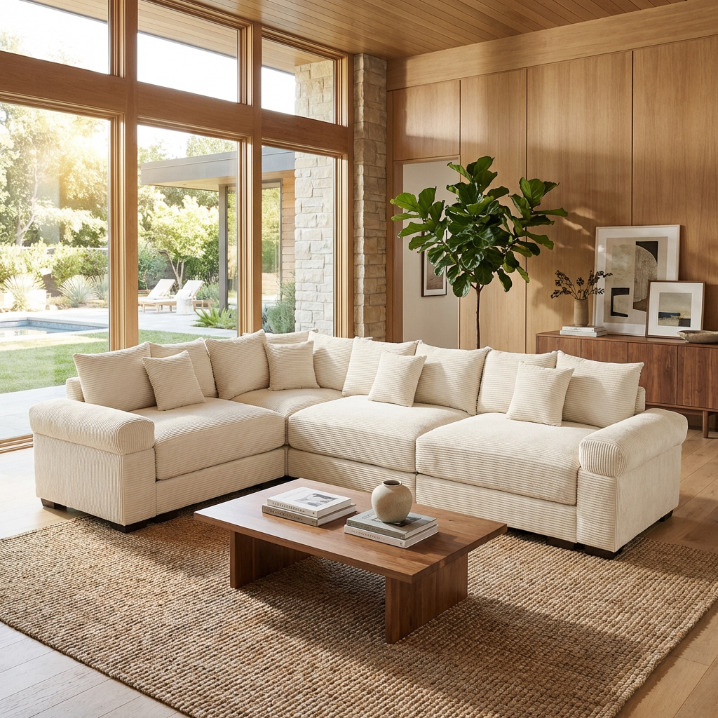 Albany 130" Corduroy Modular L-Shaped Sectional Sofa with Throw Pillows