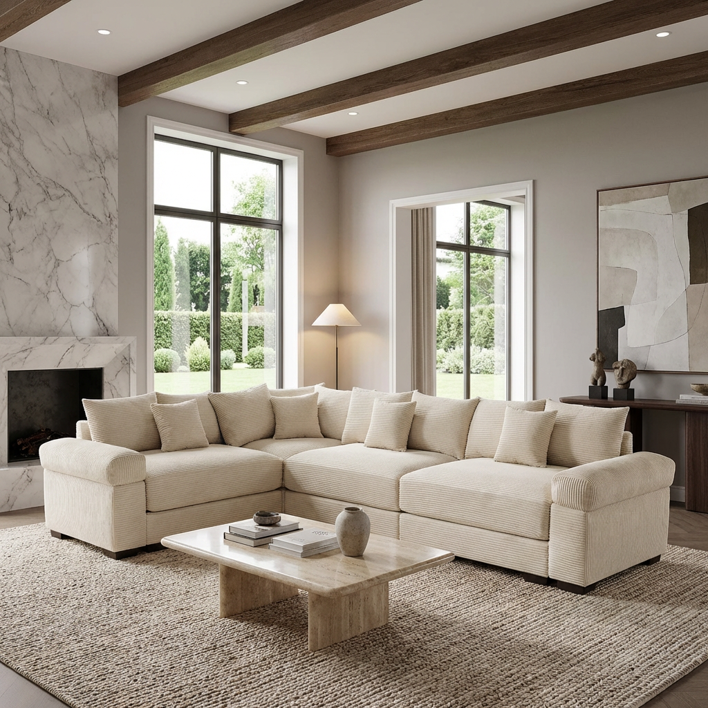 Albany 130" Corduroy Modular L-Shaped Sectional Sofa with Throw Pillows