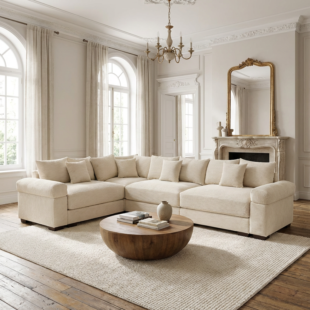 Albany 130" Corduroy Modular L-Shaped Sectional Sofa with Throw Pillows