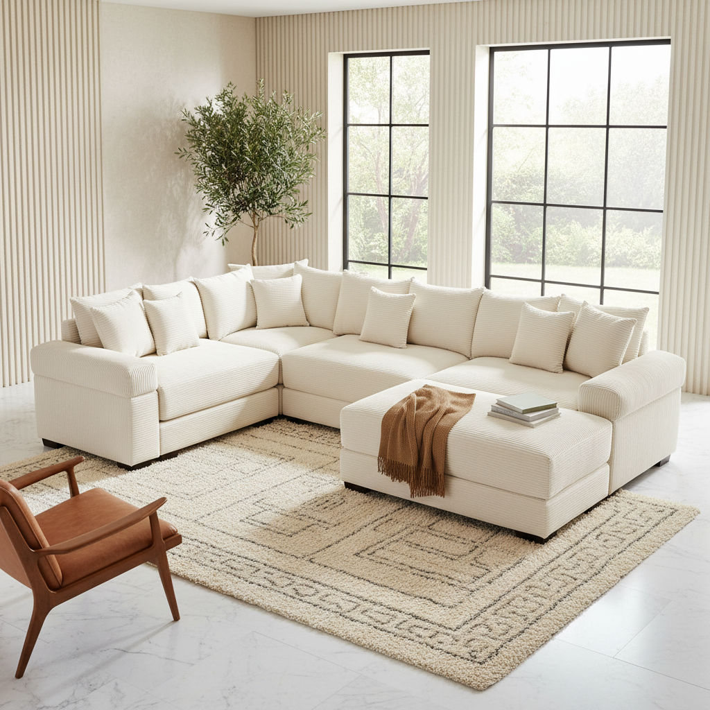 Albany 117" Oversized 5 Pieces Corduroy Modular Corner Sectional Sofa with Ottoman