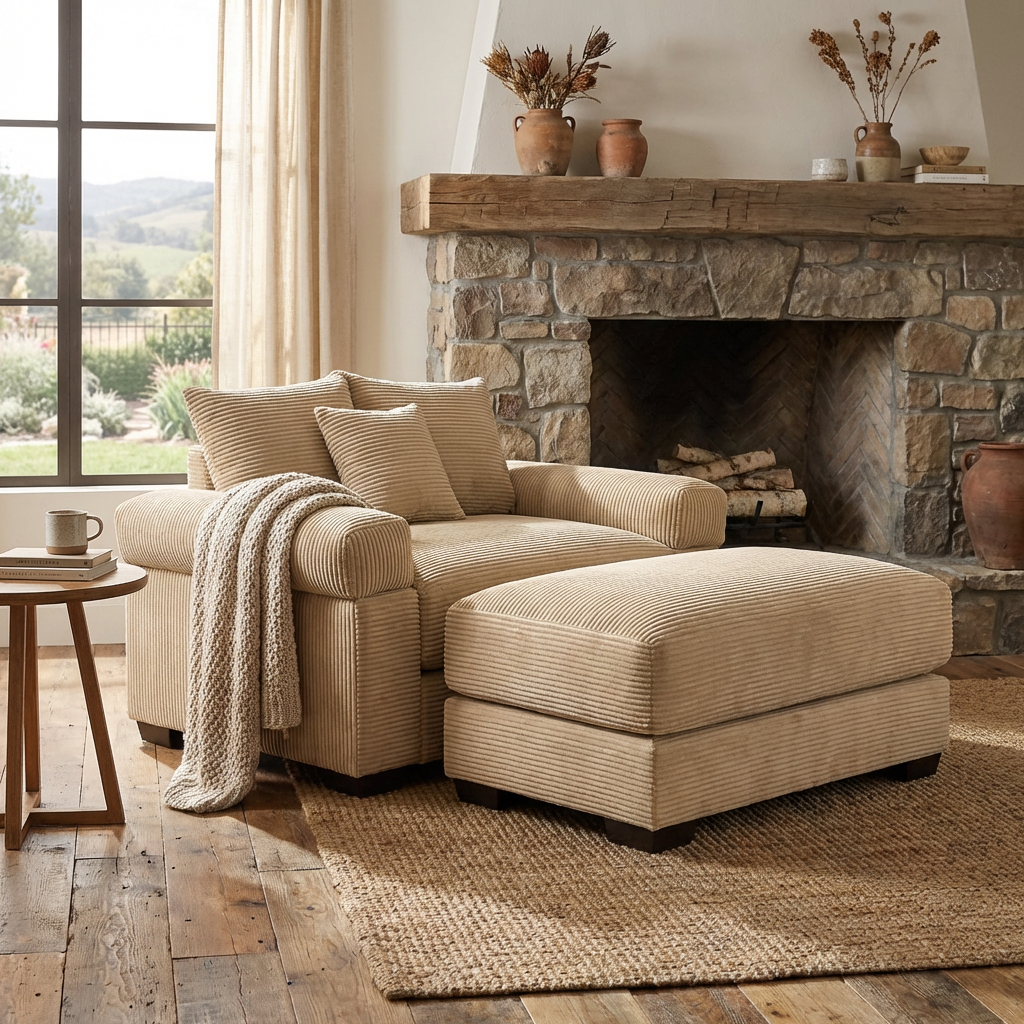 Albany 54" 2 Piece Corduroy Armchair Accent Chair with Ottoman and Extra-Thick Armrests